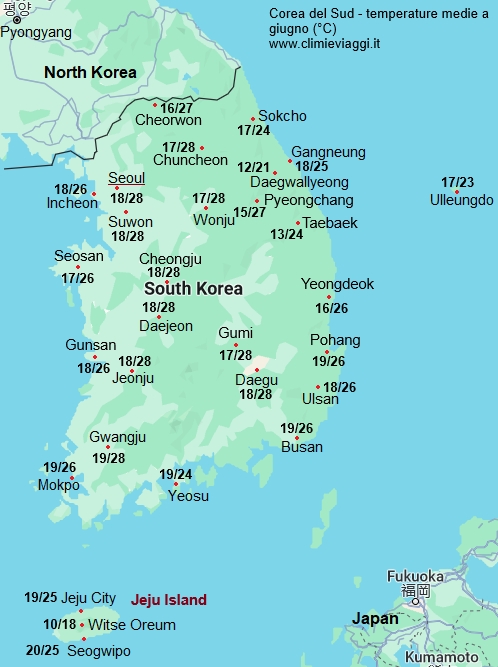 Corea Del Sud - mappa con le temperature medie a giugno