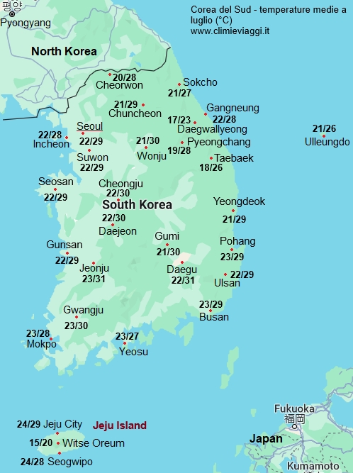 Corea Del Sud - mappa con le temperature medie a luglio