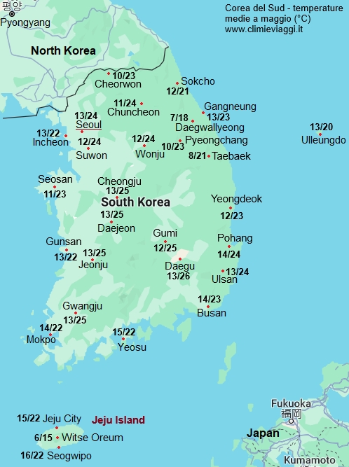 Corea Del Sud - mappa con le temperature medie a maggio