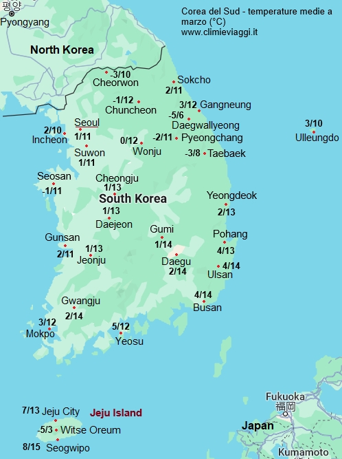 Corea Del Sud - mappa con le temperature medie a marzo