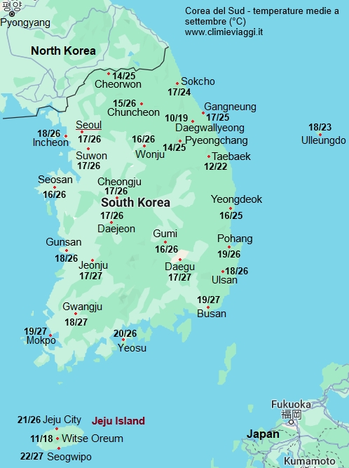 Corea Del Sud - mappa con le temperature medie a settembre