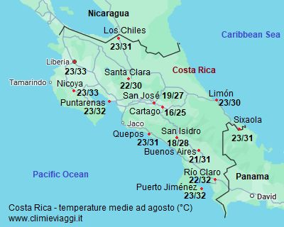 Costa Rica - mappa con le temperature medie a agosto (minime e massime)