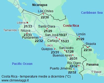 Costa Rica - mappa con le temperature medie a dicembre (minime e massime)