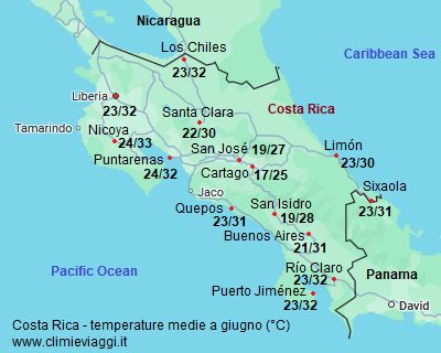 Costa Rica - mappa con le temperature medie a giugno (minime e massime)