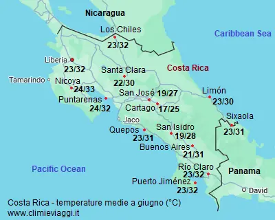 Costa Rica - mappa con le temperature medie a giugno