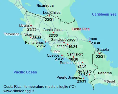 Costa Rica - mappa con le temperature medie a luglio