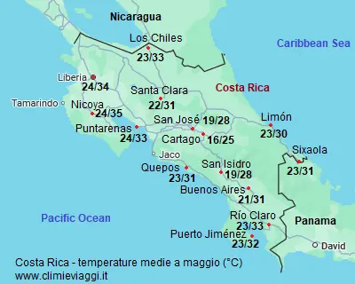 Costa Rica - mappa con le temperature medie a maggio