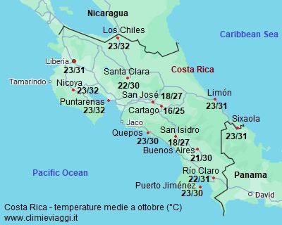Costa Rica - mappa con le temperature medie a ottobre (minime e massime)