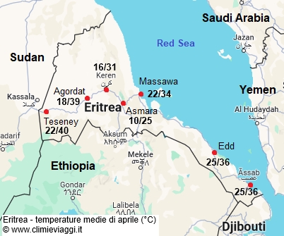 Eritrea - mappa con le temperature medie a aprile