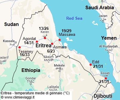 Eritrea - mappa con le temperature medie a gennaio