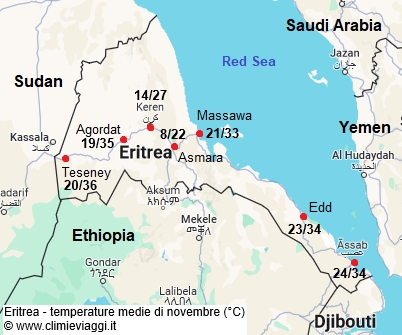 Eritrea - mappa con le temperature medie a novembre