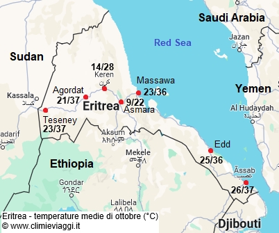 Eritrea - mappa con le temperature medie a ottobre