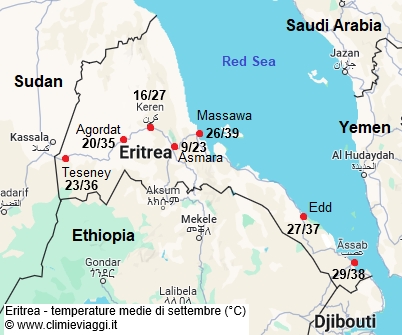 Eritrea - mappa con le temperature medie a settembre