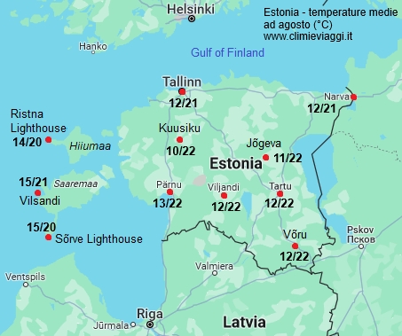 Estonia - mappa con le temperature medie a agosto