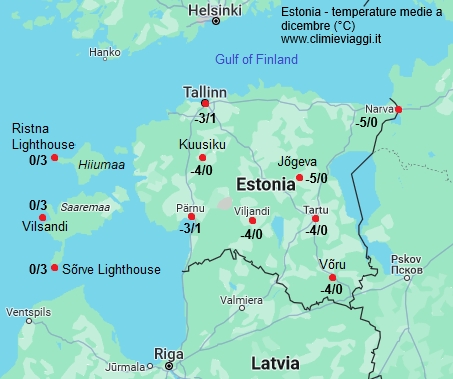 Estonia - mappa con le temperature medie a dicembre