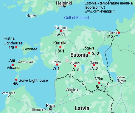 Estonia - mappa con le temperature medie a febbraio