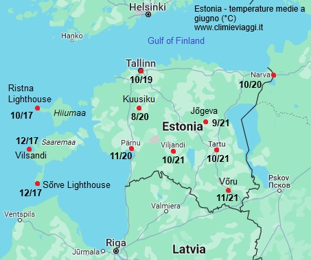Estonia - mappa con le temperature medie a giugno