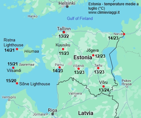 Estonia - mappa con le temperature medie a luglio