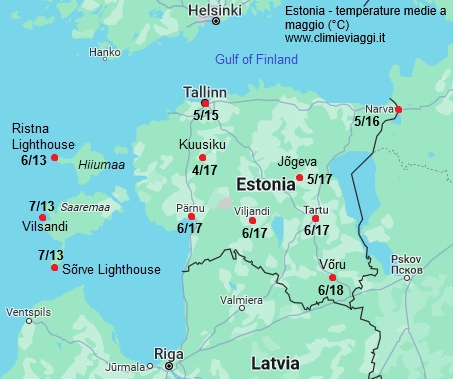 Estonia - mappa con le temperature medie a maggio