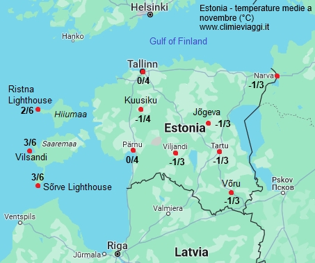 Estonia - mappa con le temperature medie a novembre