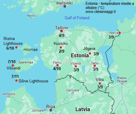 Estonia - mappa con le temperature medie a ottobre