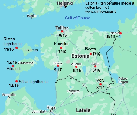 Estonia - mappa con le temperature medie a settembre