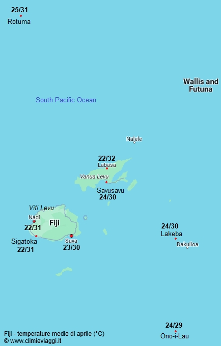Fiji - mappa con le temperature medie a aprile