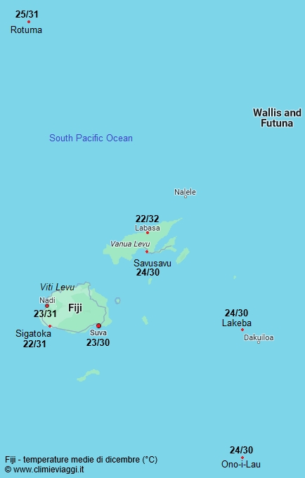 Fiji - mappa con le temperature medie a dicembre