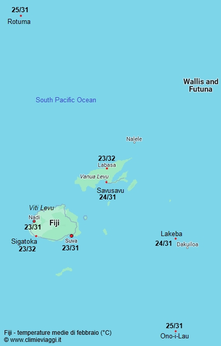 Fiji - mappa con le temperature medie a febbraio