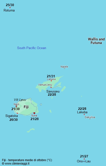 Fiji - mappa con le temperature medie a ottobre