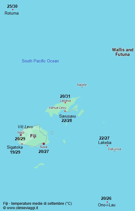 Fiji - mappa con le temperature medie a settembre