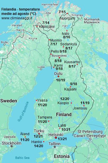 Finlandia - mappa con le temperature medie a agosto (minime e massime)