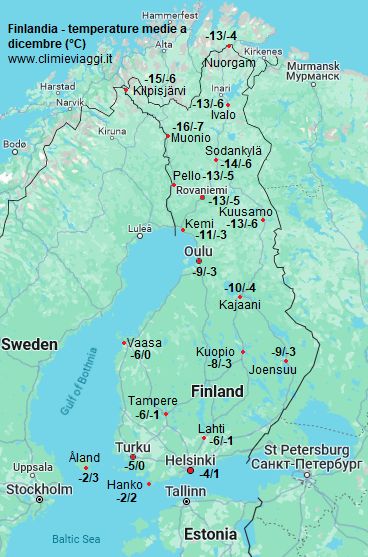Finlandia - mappa con le temperature medie a dicembre (minime e massime)