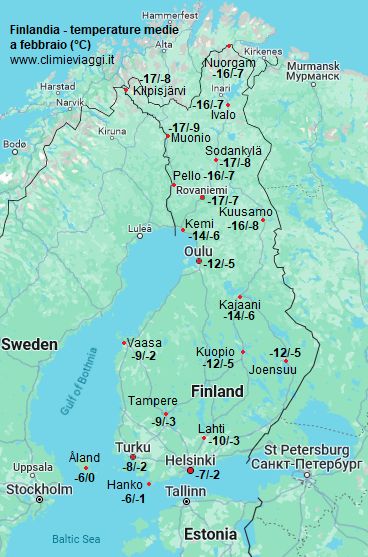 Finlandia - mappa con le temperature medie a febbraio (minime e massime)