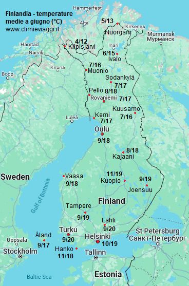Finlandia - mappa con le temperature medie a giugno (minime e massime)