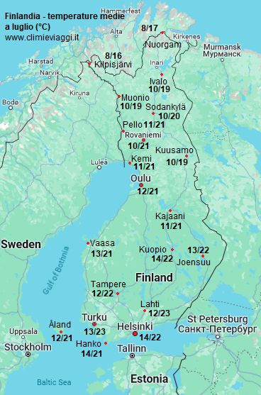 Finlandia - mappa con le temperature medie a luglio (minime e massime)