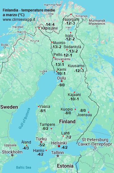 Finlandia - mappa con le temperature medie a marzo (minime e massime)