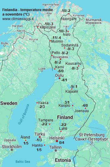 Finlandia - mappa con le temperature medie a novembre (minime e massime)