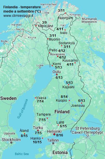 Finlandia - mappa con le temperature medie a settembre (minime e massime)