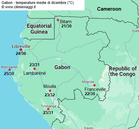 Gabon - mappa con le temperature medie a dicembre
