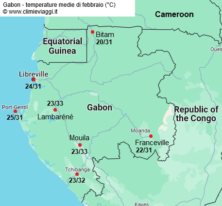 Gabon - mappa con le temperature medie a febbraio