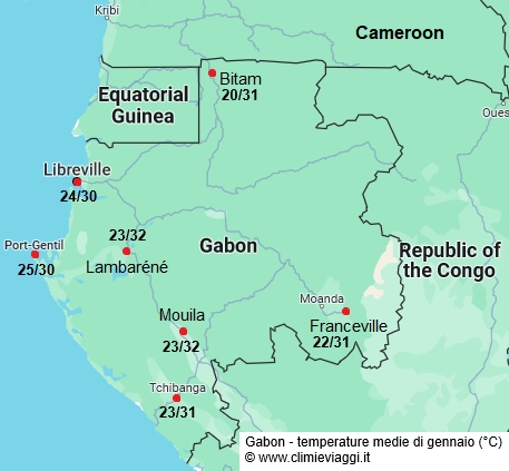 Gabon - mappa con le temperature medie a gennaio
