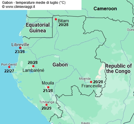 Gabon - mappa con le temperature medie a luglio