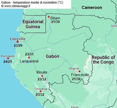 Gabon - mappa con le temperature medie a novembre