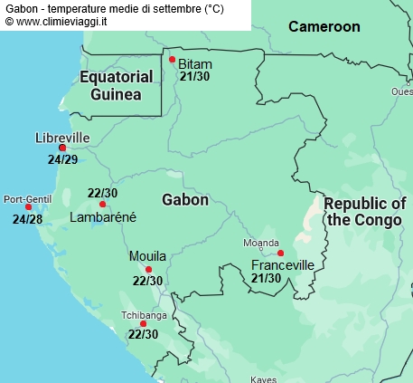 Gabon - mappa con le temperature medie a settembre
