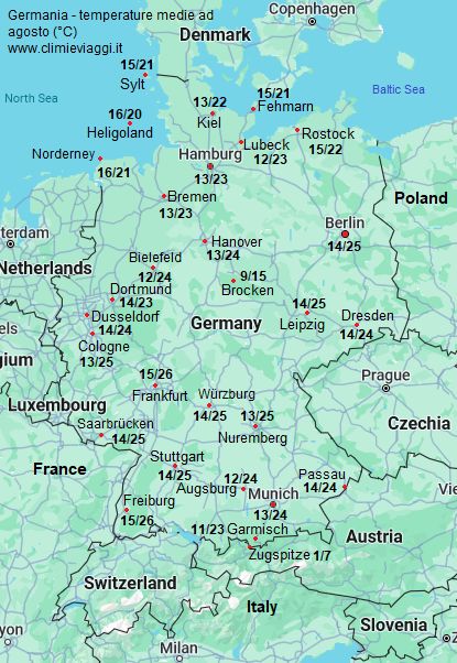 Germania - mappa con le temperature medie a agosto (minime e massime)