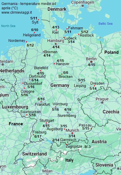 Germania - mappa con le temperature medie a aprile (minime e massime)