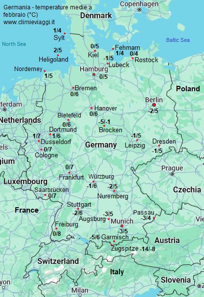 Germania - mappa con le temperature medie a febbraio (minime e massime)