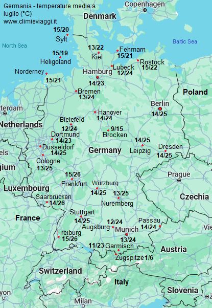 Germania - mappa con le temperature medie a luglio (minime e massime)