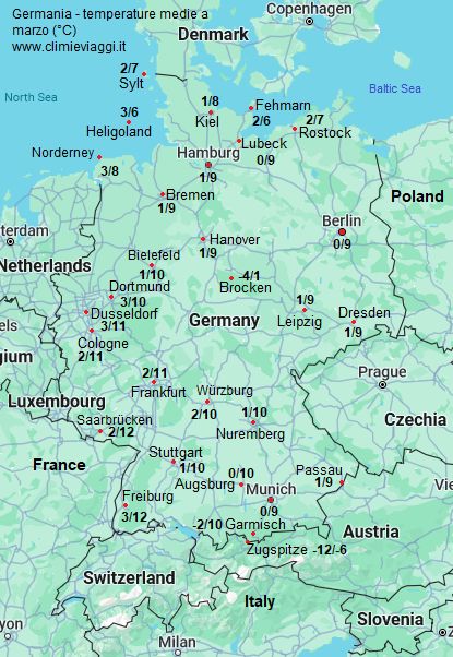 Germania - mappa con le temperature medie a marzo (minime e massime)